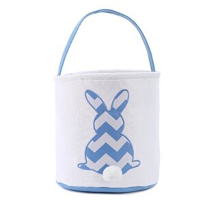 cootato easter bunny basket bags for kids, stripe rabbit pattern egg basket hunt bags personalized canvas cotton bucket with fluffy tail for easter eggs, candy, gift (blue)