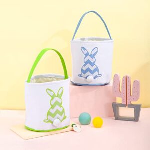 Cootato Easter Bunny Basket Bags for Kids, Stripe Rabbit Pattern Egg Basket Hunt Bags Personalized Canvas Cotton Bucket with Fluffy Tail for Easter Eggs, Candy, Gift (Blue)