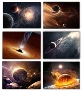 pousrede outer space planet wall art painting ,for bedroom, livingroom, bathroom decor ，posters for kids, boys or girls room set of 6 ( 8″ x10″ ) unframed