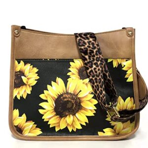 downupdown crossbody bags for women designer satchel handbags leather purse shoulder bag with leopard print shoulder strap hobo handbag messenger bag-yellow sunflower