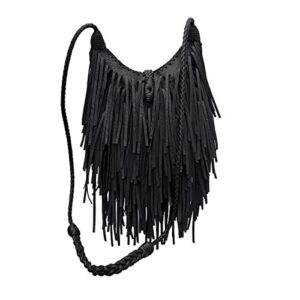 vintage & stylish women tassel shoulder bag pu leather bohemian fringed crossbody shoulder hobo fringe bag (black)