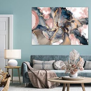 artgeist Canvas Wall Art Print Abstract 35x24 in - 1pcs Home Decor Framed Stretched Picture Photo Painting Artwork Image - Marble Look Paint Stains Blue rosa Gold f-C-0493-b-a