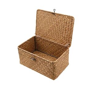 sobotoo wicker storage box with lid, natural hand-woven rattan storage box, rectangular household organizer boxes shelf wardrobe organizer (xxl)