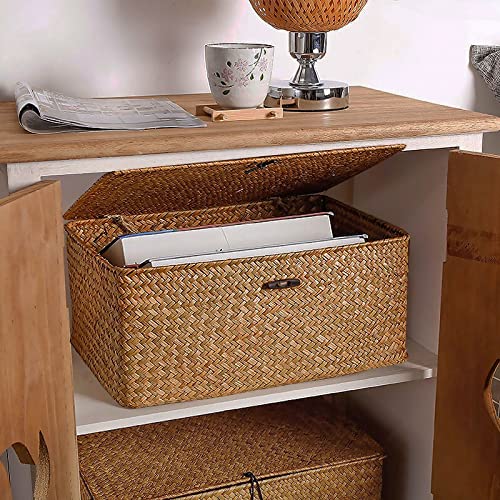 Sobotoo Wicker Storage Box with Lid, Natural Hand-woven Rattan Storage Box, Rectangular Household Organizer Boxes Shelf Wardrobe Organizer (XXL)