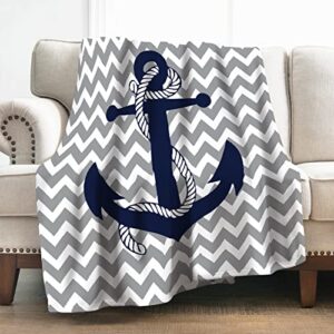 levens nautical anchor blanket gifts for boys men, gray and white chevron decoration for home bedroom living room couch lounge, soft fluffy lightweight plush throw blankets 50″x60″