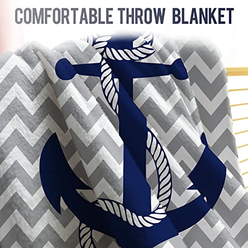 Levens Nautical Anchor Blanket Gifts for Boys Men, Gray and White Chevron Decoration for Home Bedroom Living Room Couch Lounge, Soft Fluffy Lightweight Plush Throw Blankets 50"x60"