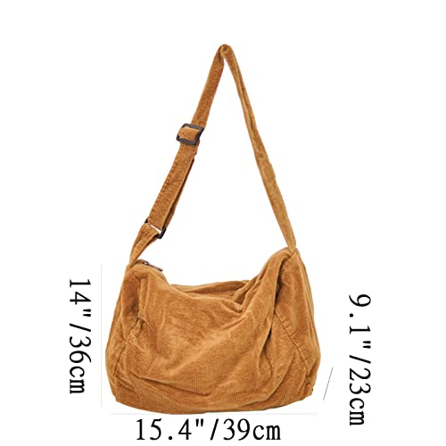 Corduroy Tote Bag for School, Large Crossbody Bags for Women, Casual Shoulder Bag with Adjustable Strap, College Everyday Bag with Zipper Pockets(Brown)