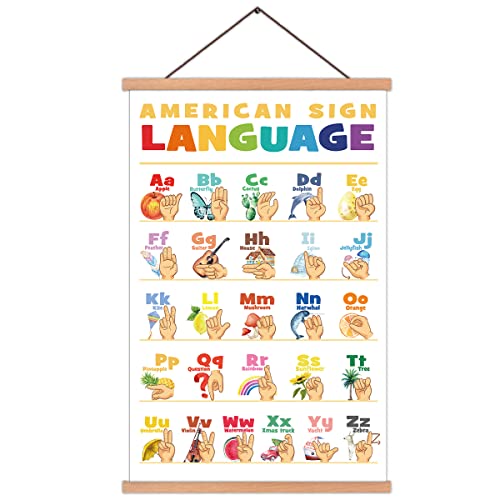 KAIRNE American Sign Language Poster with Wood Magnetic Hanger Framed(35CMx56CM),ASL Alphabet Wall Art Teaching Aid Alphabet Chart for Kids Playroom Classroom Decor