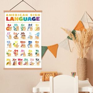 KAIRNE American Sign Language Poster with Wood Magnetic Hanger Framed(35CMx56CM),ASL Alphabet Wall Art Teaching Aid Alphabet Chart for Kids Playroom Classroom Decor