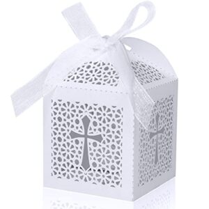 kposiya 70 pack baptism favor boxes,laser cut candy boxes with ribbons, party favor small gift boxes for baby shower baptism decorations first birthday party christening favor (white-70)