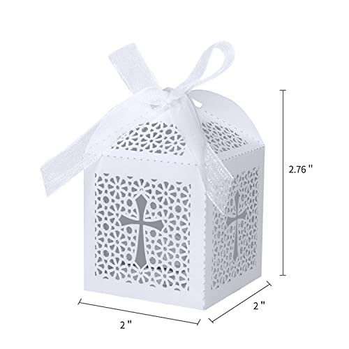 KPOSIYA 70 Pack Baptism Favor Boxes,Laser Cut Candy Boxes with Ribbons, Party Favor Small Gift Boxes for Baby Shower Baptism Decorations First Birthday Party Christening Favor (White-70)