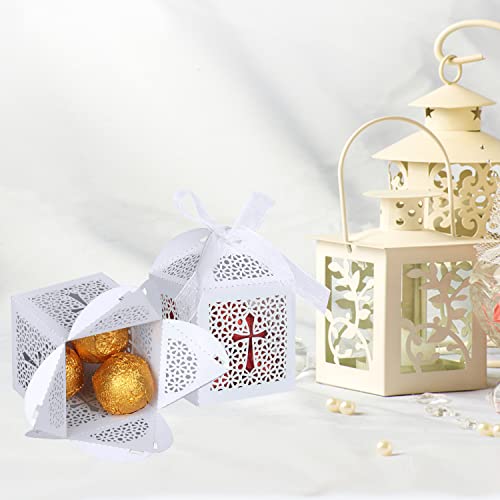 KPOSIYA 70 Pack Baptism Favor Boxes,Laser Cut Candy Boxes with Ribbons, Party Favor Small Gift Boxes for Baby Shower Baptism Decorations First Birthday Party Christening Favor (White-70)