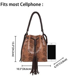 Montana West Wrangler Hobo Handbags for Women PU Leather Woven Shoulder Bags Ladies Fashion Snake Printing Bucket Bag Large Drawstring Tote Purse with Tassel, Brown