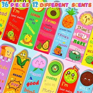 Scented Bookmarks, Kids Scratch and Sniff Bookmarks, Cute Fruit Food Theme Bookmarks Assorted Scented Bookmarks for Kids Students Teens Food Lovers, 12 Styles (36 Pieces)