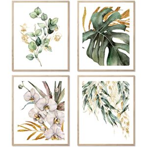 yixihompt botanical boho wall art plant leaves watercolor canvas prints poster for bathroom bedroom living room office decor gold and green floral leave picture 8×10 inch unframed set of 4