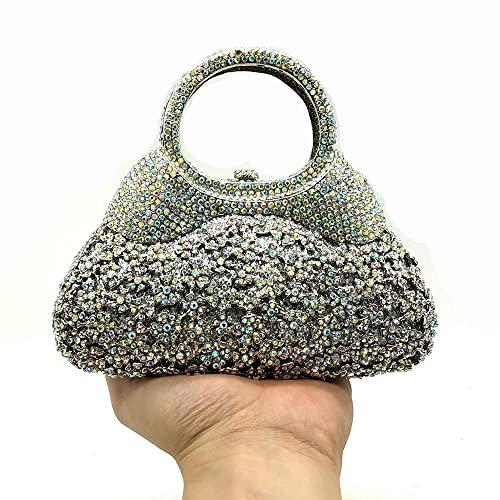 Evening Minaudiere Women Crystal Clutch Bags Top-Handle Metal Diamond Wedding Party Cocktail Tote Handbag (F)