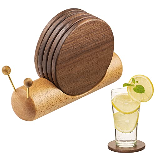 Wooden Coasters for Drinks-Natural Acacia Wood Drink Coaster Set for Drinking Glasses , Tabletop Protection for Any Table Type , Set of 5-Dia 3.5*3.5inchs（New Snail Coasters）