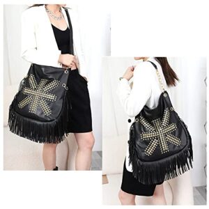 Teanea PU Leather Fringe Hobo Bag Large Studded Handbag Crossbody Bag for Women, Black