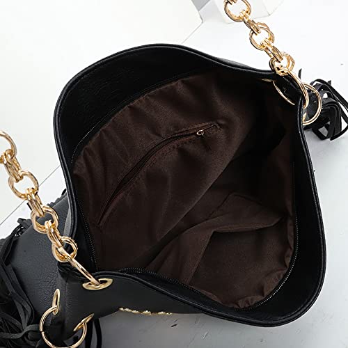 Teanea PU Leather Fringe Hobo Bag Large Studded Handbag Crossbody Bag for Women, Black