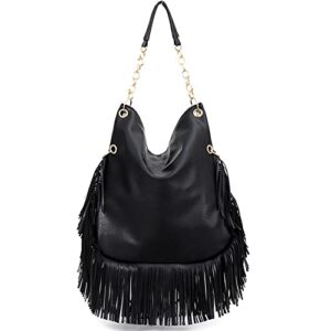 Teanea PU Leather Fringe Hobo Bag Large Studded Handbag Crossbody Bag for Women, Black