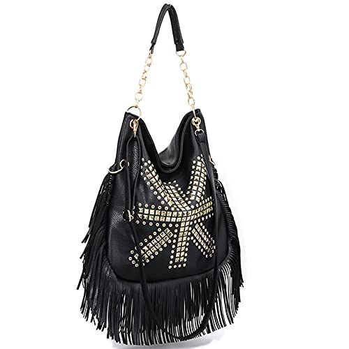 Teanea PU Leather Fringe Hobo Bag Large Studded Handbag Crossbody Bag for Women, Black