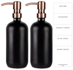emerson essentials glass soap dispenser set, 2 pack, hand soap dispenser for bathrooms and dish soap for kitchen sink with pumps, lotion dispenser 16oz bottles with 5 waterproof labels (black/copper)