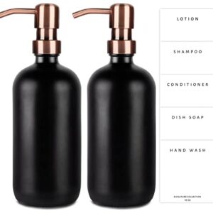 Emerson Essentials Glass Soap Dispenser Set, 2 Pack, Hand Soap Dispenser for Bathrooms and Dish Soap for Kitchen Sink with Pumps, Lotion Dispenser 16oz Bottles with 5 Waterproof Labels (Black/Copper)