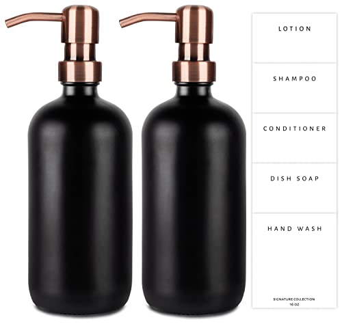 Emerson Essentials Glass Soap Dispenser Set, 2 Pack, Hand Soap Dispenser for Bathrooms and Dish Soap for Kitchen Sink with Pumps, Lotion Dispenser 16oz Bottles with 5 Waterproof Labels (Black/Copper)