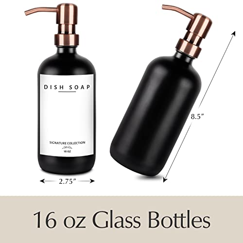 Emerson Essentials Glass Soap Dispenser Set, 2 Pack, Hand Soap Dispenser for Bathrooms and Dish Soap for Kitchen Sink with Pumps, Lotion Dispenser 16oz Bottles with 5 Waterproof Labels (Black/Copper)