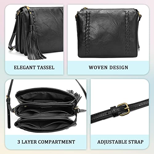 Keyli Small Crossbody Bag for Women Christmas Gifts Waterproof Leather Shoulder Bag 3 Layer Multi Pocket Crossbody Purse Lightweight Adjustable Strap Cross body Cell Phone Purse with Tassel Black