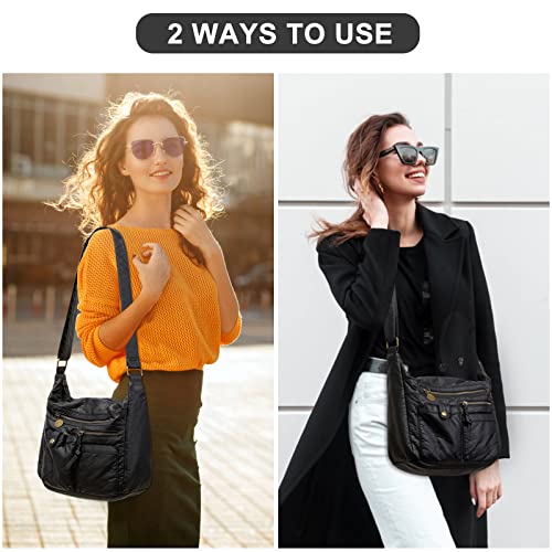 Keyli Crossbody Bags Christmas Gifts for Women Soft Washed Leather Crossbody Purse Retro Classic Shoulder Bags Messenger Lightweight Waterproof Satchels with Multi Pockets Travel Shopping Black