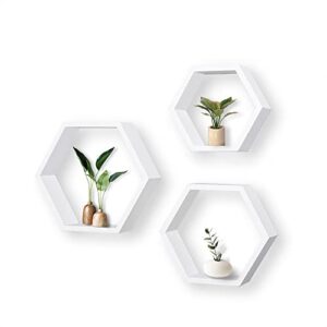 rose bloom wall mounted hexagon floating shelves, set of 3 wood wall decor for living room, kitchen and bedroom,white