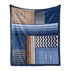 ambesonne letter h throw blanket, gradient colors and curvy leafs stylish abc with abstract and modern art, flannel fleece accent piece soft couch cover for adults, 50″ x 70″, night blue eggshell