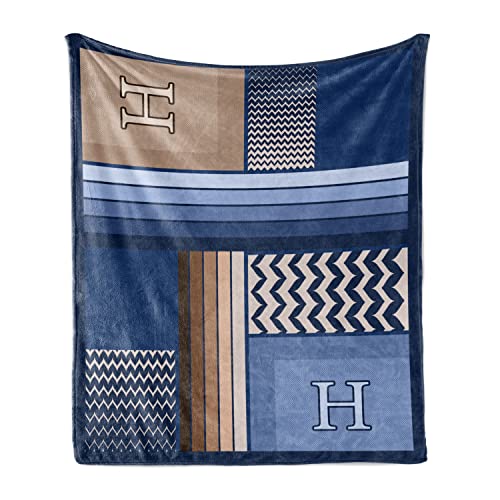 Ambesonne Letter H Throw Blanket, Gradient Colors and Curvy Leafs Stylish ABC with Abstract and Modern Art, Flannel Fleece Accent Piece Soft Couch Cover for Adults, 50" x 70", Night Blue Eggshell