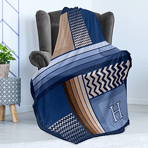 Ambesonne Letter H Throw Blanket, Gradient Colors and Curvy Leafs Stylish ABC with Abstract and Modern Art, Flannel Fleece Accent Piece Soft Couch Cover for Adults, 50" x 70", Night Blue Eggshell