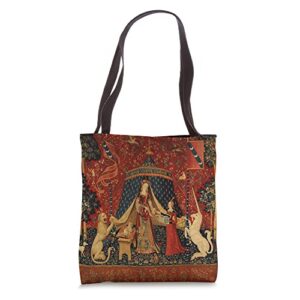 the lady and the unicorn medieval tapestry tote bag