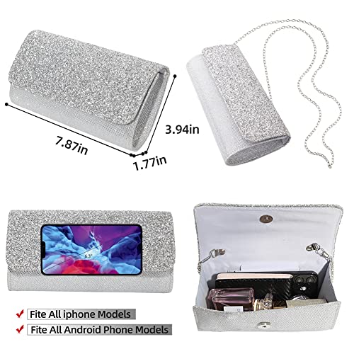 YIXUND Evening Bag Clutch Purses for Women Evening Wedding Party Pleated Handbag Sparkling Glitter Crossbody Evening Clutch (Silver-Glitter)