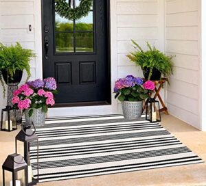 buagetup black and white outdoor rug 3’x 5′ hand-woven cotton washable rug striped front porch rug machine washable indoor/outdoor area rug floor mat for farmhouse/layered door mats/living room