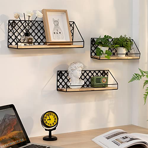 Sziqiqi Floating Shelves for Wall Storage Mounted Shelf-Set of 3 Rustic Wood Wall Shelving for Bathroom Bedroom Kitchen Living Room Office Plant Book (Black)