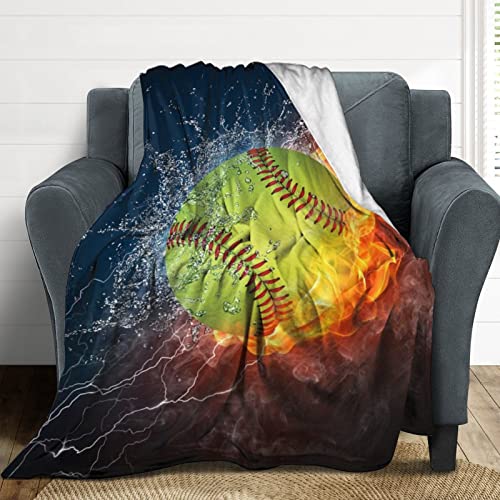 Sports Fan Softball Blanket - Plush Throw Super Soft Fuzzy Warm Blanket, Flannel Baseball Blankets for Sofa, Couch, Bed for All Season 60"x 50"(Youth)