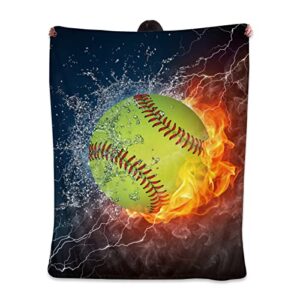 Sports Fan Softball Blanket - Plush Throw Super Soft Fuzzy Warm Blanket, Flannel Baseball Blankets for Sofa, Couch, Bed for All Season 60"x 50"(Youth)