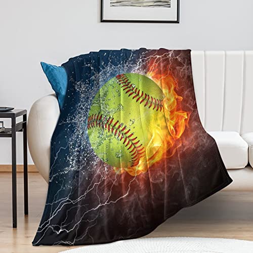 Sports Fan Softball Blanket - Plush Throw Super Soft Fuzzy Warm Blanket, Flannel Baseball Blankets for Sofa, Couch, Bed for All Season 60"x 50"(Youth)