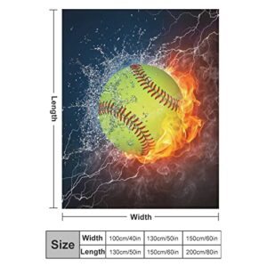 Sports Fan Softball Blanket - Plush Throw Super Soft Fuzzy Warm Blanket, Flannel Baseball Blankets for Sofa, Couch, Bed for All Season 60"x 50"(Youth)