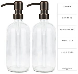 emerson essentials glass soap dispenser set, 2 pack, hand soap dispenser for bathrooms and dish soap for kitchen sink with pumps, lotion 16oz bottles with 5 waterproof labels (clear/oil rubbed bronze)