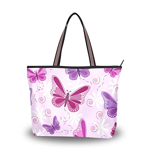 Tote Bag Art Purple Butterfly Print, Large Capacity Zipper Women Grocery Bags Purse for Daily Life 2 Sizes