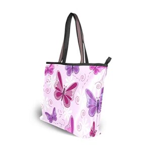 Tote Bag Art Purple Butterfly Print, Large Capacity Zipper Women Grocery Bags Purse for Daily Life 2 Sizes