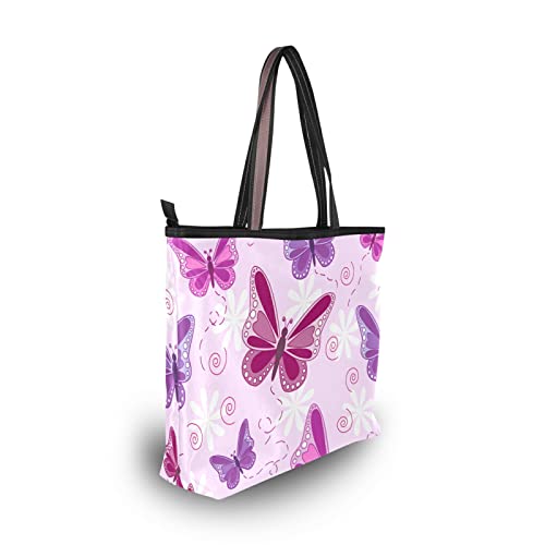 Tote Bag Art Purple Butterfly Print, Large Capacity Zipper Women Grocery Bags Purse for Daily Life 2 Sizes