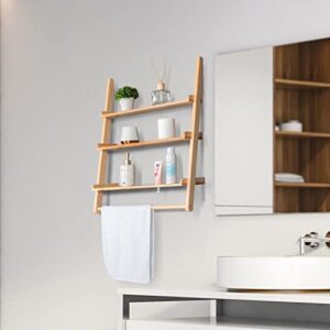bloddream carson 3-tier storage display shelf, leaning solid wood storage rack, floating shelf with towel bar for bathroom, natural pine wood