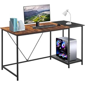 55″ computer desk office desk with bookshelf, gaming desk extra large modern student kids study pc simple executive table workstation for small space, brown