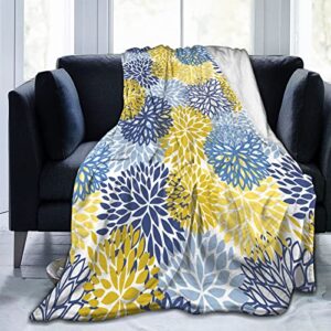 abucaky blue yellow navy chrysanthemum flowers fleece throw blanket ultra soft cozy decorative flannel blanket all season for home bed couch chair travel 80x60in